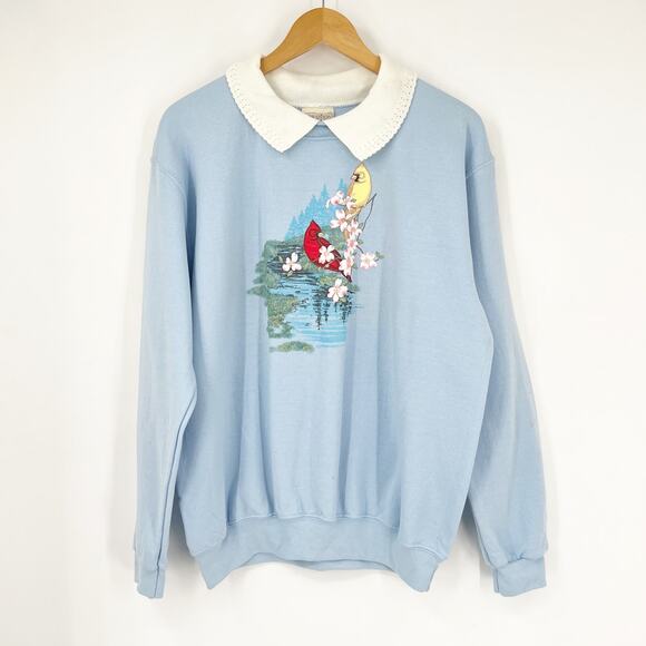Vintage 90s Cottage Cardinal Graphic Collared Light Blue Sweatshirt Size Large - Picture 1 of 5